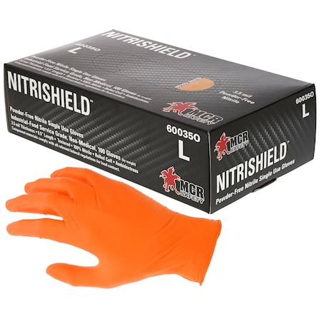 Mcr Safety NitriShield, Disposable Gloves, 3.5 mil Palm, Nitrile, Powder-Free, L, 1000 PK, Orange 60035OL